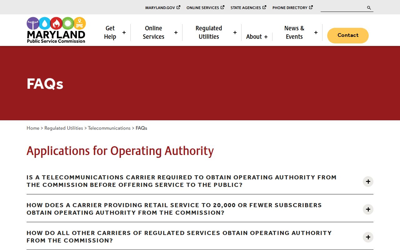 Maryland Public Service Commission telecommunications FAQ covering Maryland area codes and dialing