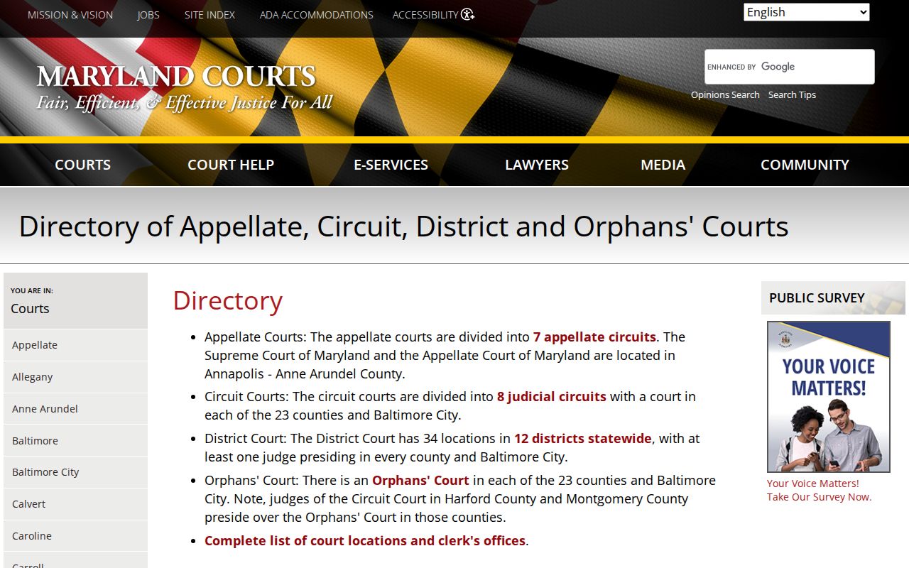 Maryland courts directory with phone numbers for circuit and district courts