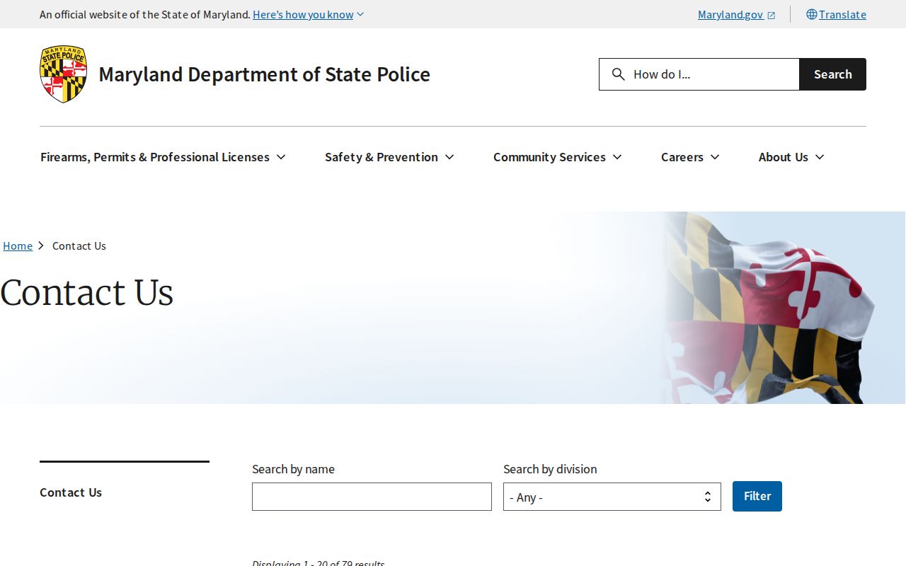 Maryland State Police contact directory listing barrack phone numbers