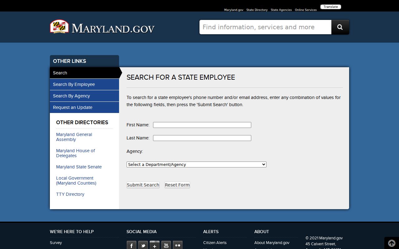 Maryland Statewide Directory search page for state employee phone numbers
