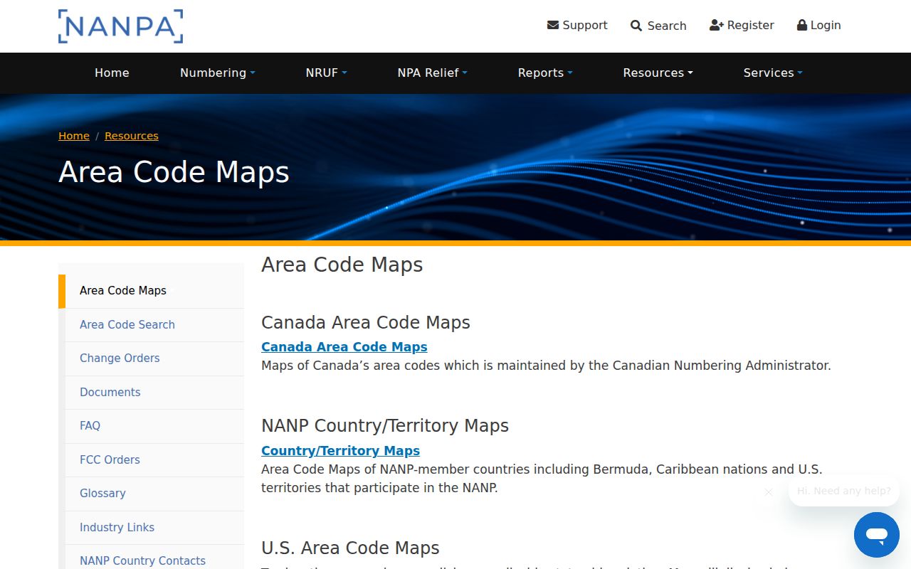 NANPA area code map resources used to verify Maryland area codes