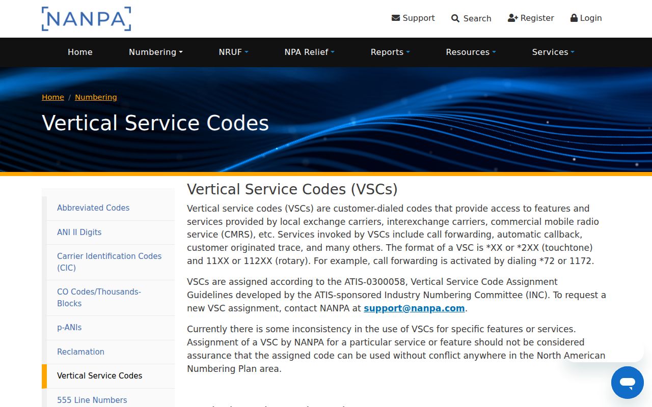 NANPA vertical service code reference listing star phone codes used in Maryland