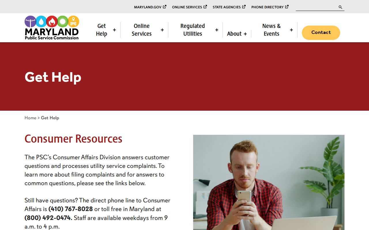 Maryland Public Service Commission consumer help page with utility complaint phone numbers