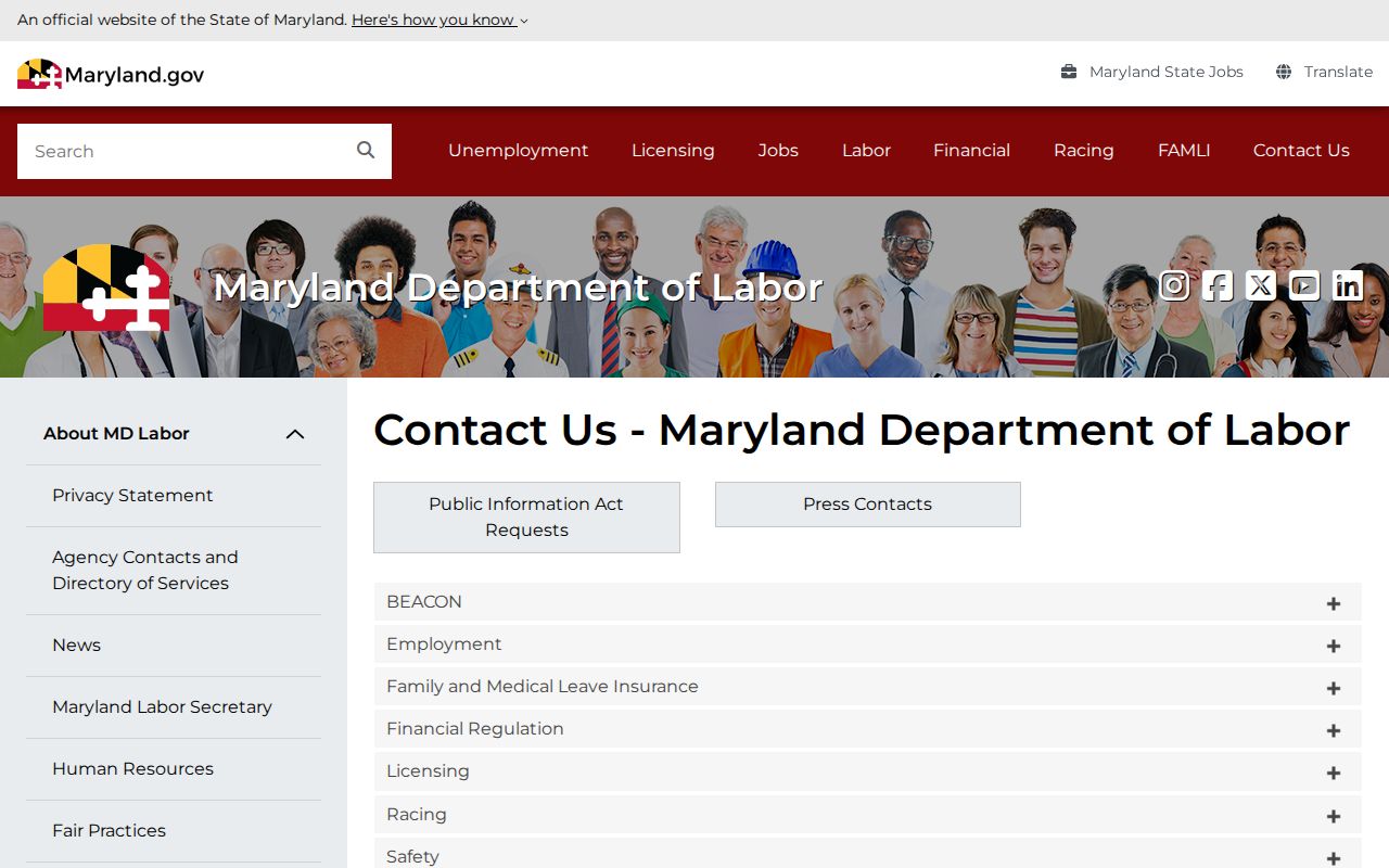Maryland Department of Labor contact page listing division phone numbers