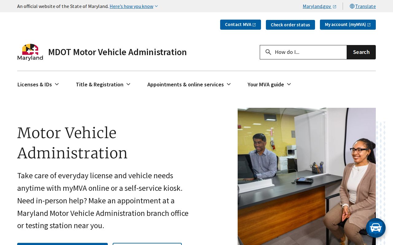Maryland MVA homepage showing contact routes for Maryland phone numbers
