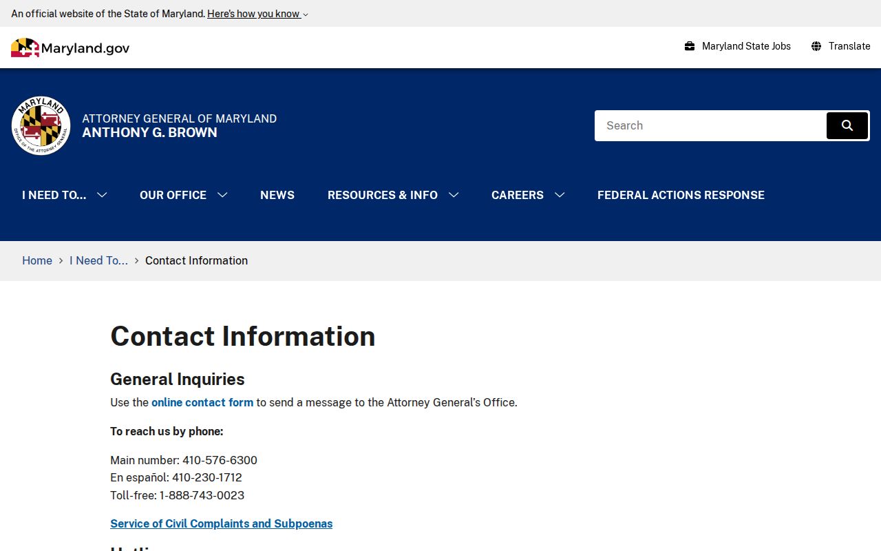 Maryland Attorney General contact page with consumer protection hotline phone numbers