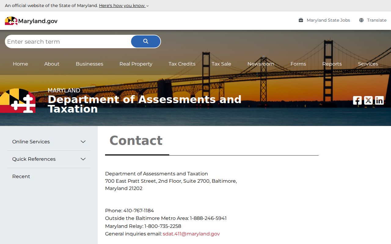 Maryland SDAT contact page with assessment and business services phone numbers