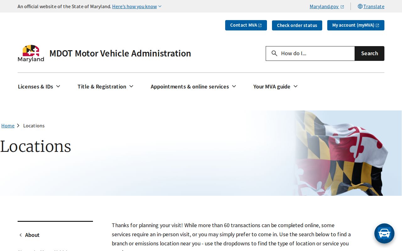 Maryland MVA branch location lookup for local office phone numbers