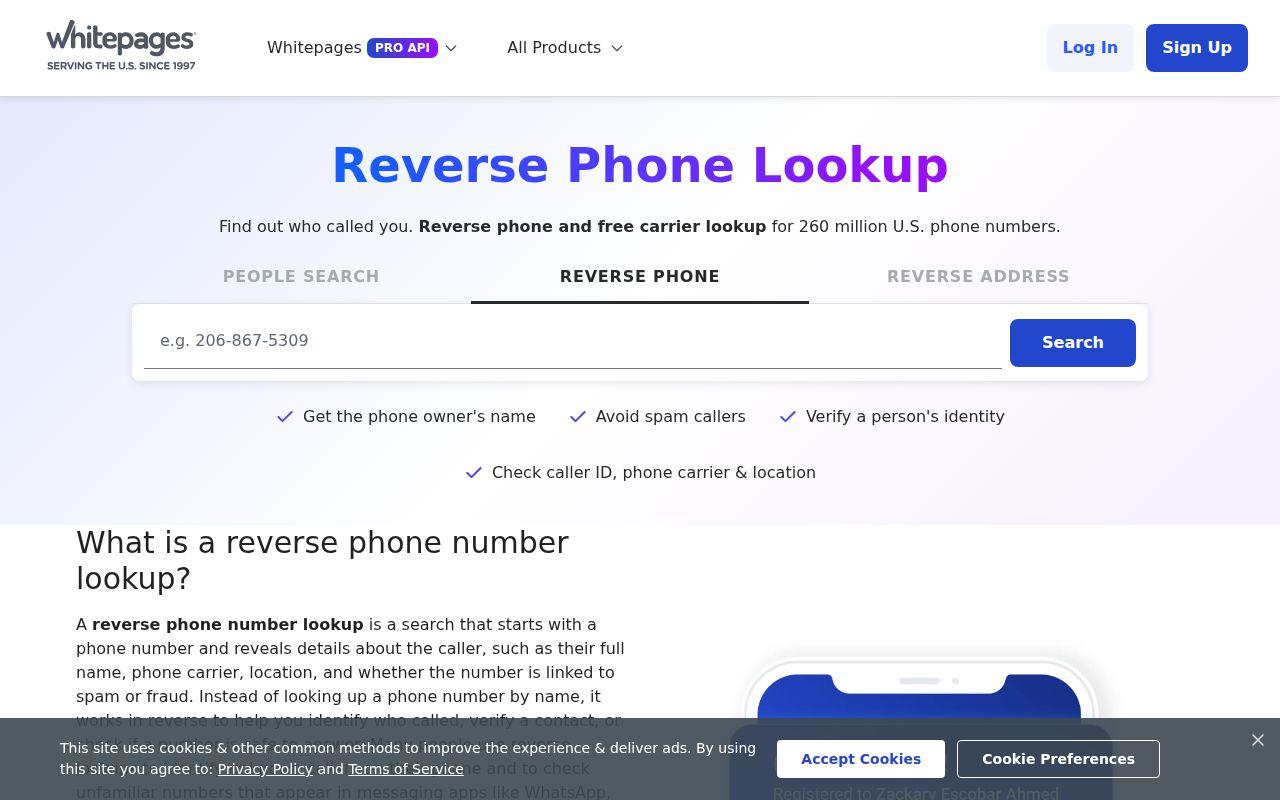 Whitepages reverse phone lookup used to check an unknown Maryland phone number
