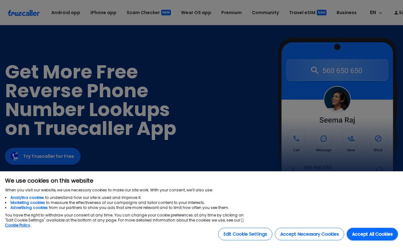 Truecaller reverse phone number lookup for identifying Maryland callers