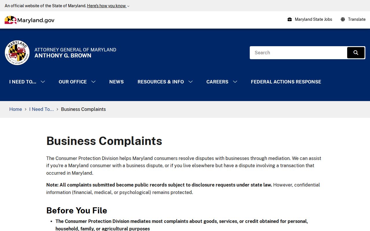 Maryland Attorney General consumer complaint instructions for phone scam reports