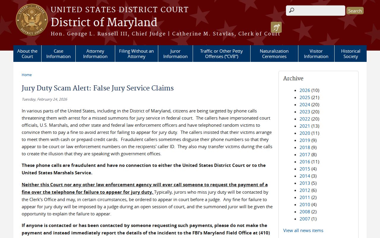U.S. District Court of Maryland jury duty scam alert about fraudulent phone calls